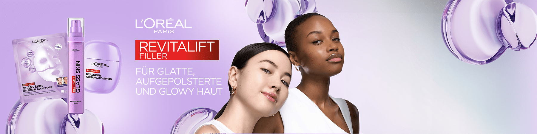 Lila Hintergrund mit drei L’Oréal Revitalift-Produkten: links unten eine Packung Glass Skin Hydrogel Glow Mask mit Maske auf der Vorderseite und Schriftzug, in der Mitte eine hohe rosa-violette Pumpflasche „Glass Skin“ Feuchtigkeitsfluid, rechts eine runde Dose „Hyaluron Aqua-Fluid SPF30“, oben links rotes Banner „REVITALIFT FILLER“ und weißer Text „FÜR GLATTE, AUFGEPOLSTERTE UND GLOWY HAUT“