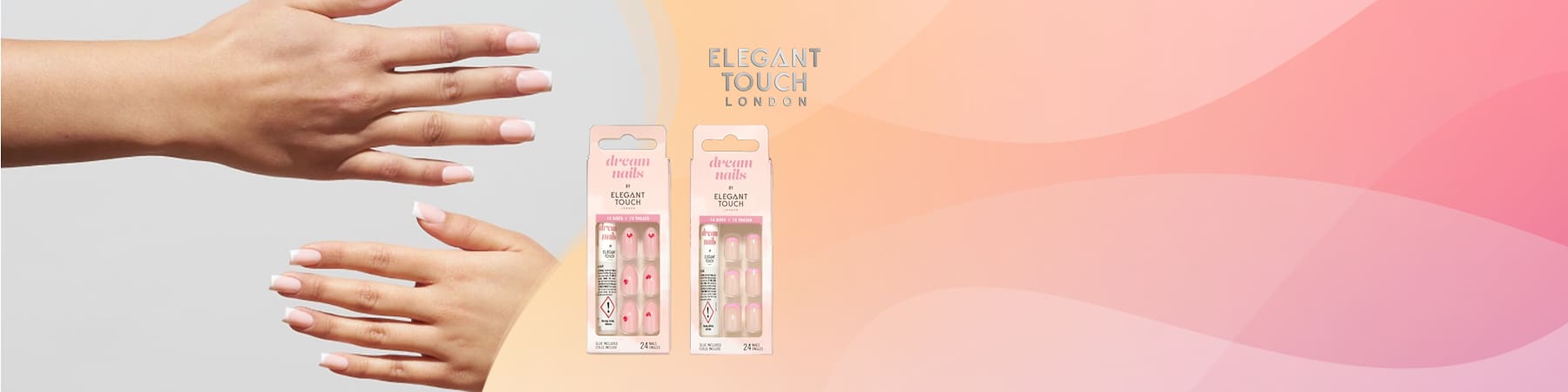 Zwei Hände mit French-Nägeln links, rechts zwei Packungen künstliche Nägel „dream nails by Elegant Touch“ in rosa Verpackung, Markenlogo oben rechts