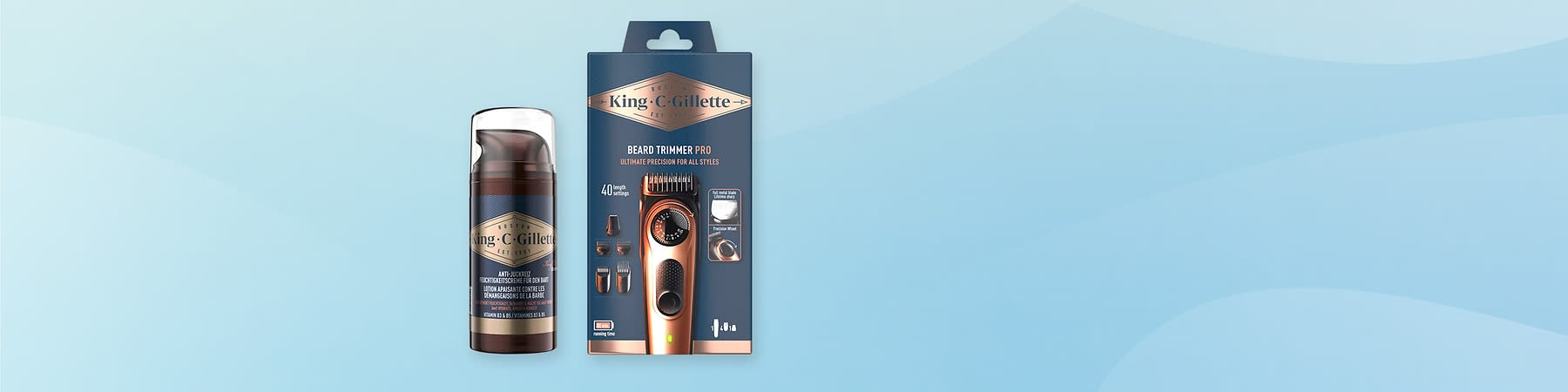 King C. Gillette Beard Trimmer Pro Barttrimmer in kupferfarben mit schwarzem Griff auf Verpackung rechts, links daneben braune Pflegecreme-Dose mit durchsichtiger Kappe und Gold-Label, auf Packung abgebildete Aufsätze und Beschriftung Beard Trimmer Pro und 40 length settings