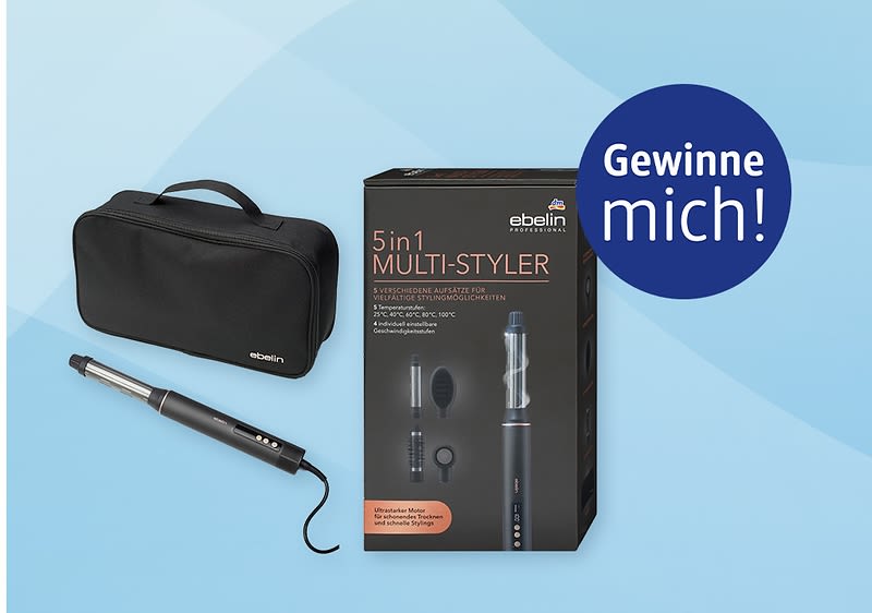 Schwarzer 5‑in‑1 Multi‑Styler von ebelin mit ergonomischem Griff, drei Aufsätzen, schwarzer Reisetasche und schwarzer Verpackung mit Aufschrift „5in1 MULTI‑TYLER“ und rundem blauer Aufkleber „Gewinne mich!“