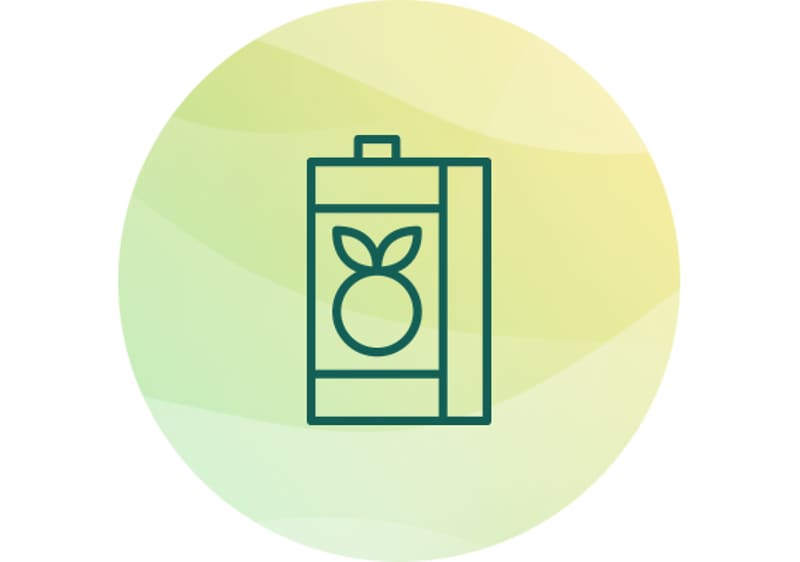 Grüner Strichzeichnungs-Icon einer Getränkekarton-Packung mit Fruchtlogo auf grün-gelbem, kreisrundem Verlaufshintergrund