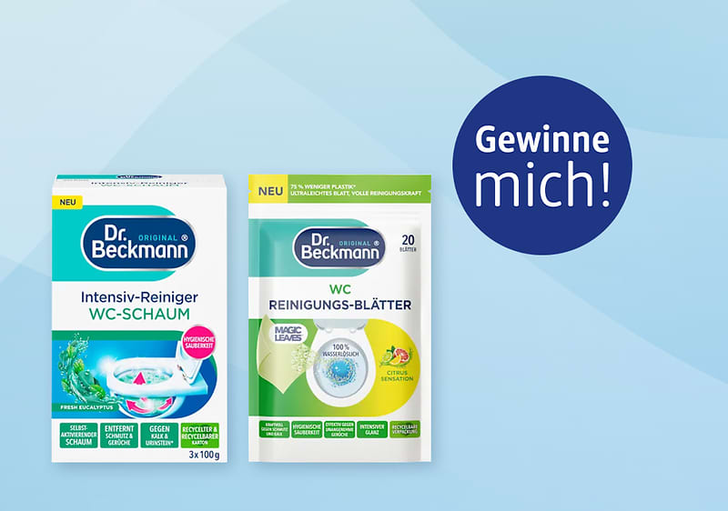 Zwei Dr. Beckmann WC-Reinigungsprodukte nebeneinander: links weiße Verpackung mit blauem Logo und der Aufschrift „Intensiv-Reiniger WC-SCHAUM“, rechts weiße und gelbgrüne Packung mit blauem Logo und der Aufschrift „WC REINIGUNGS-BLÄTTER“, rechts oben blauer Kreis mit weißer Schrift „Gewinne mich!“