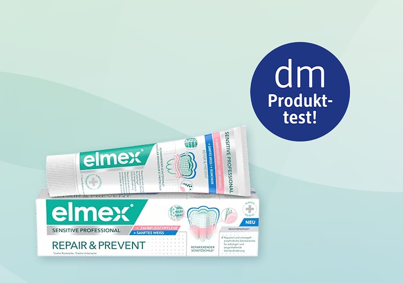 Zahncremepackung und Tube „elmex Sensitive Professional Repair & Prevent“ mit grünem Logo, Text „Repair & Prevent“ und blauem runder Aufkleber „dm Produkttest!“
