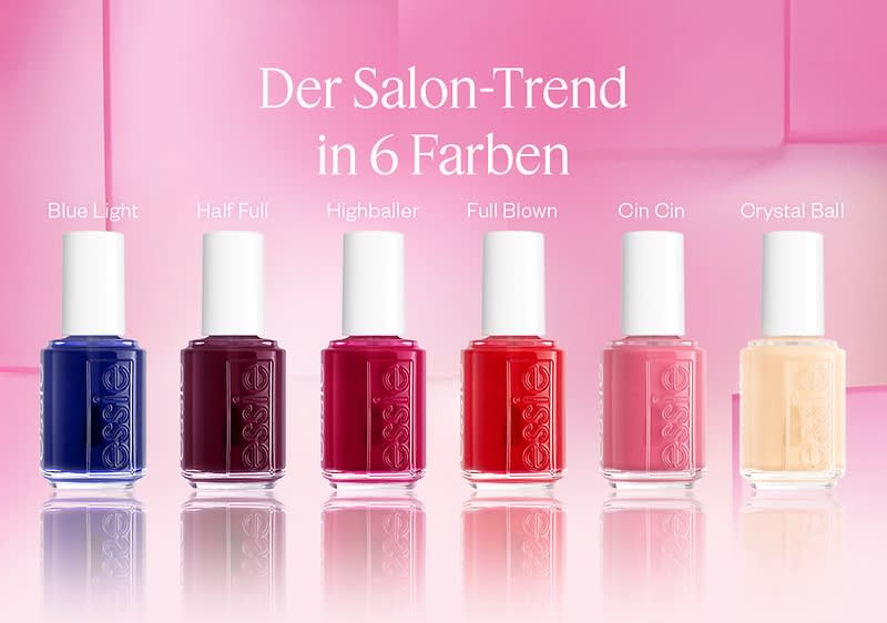 Sechs Nagellackfläschchen in Reihe vor rosa Hintergrund mit der Überschrift „Der Salon-Trend in 6 Farben“, von links nach rechts: dunkelblau „Blue Light“, dunkelrot „Half Full“, fuchsia „Highballer“, knallrot „Full Blown“, rosa „Cin Cin“, hellbeige „Crystal Ball“