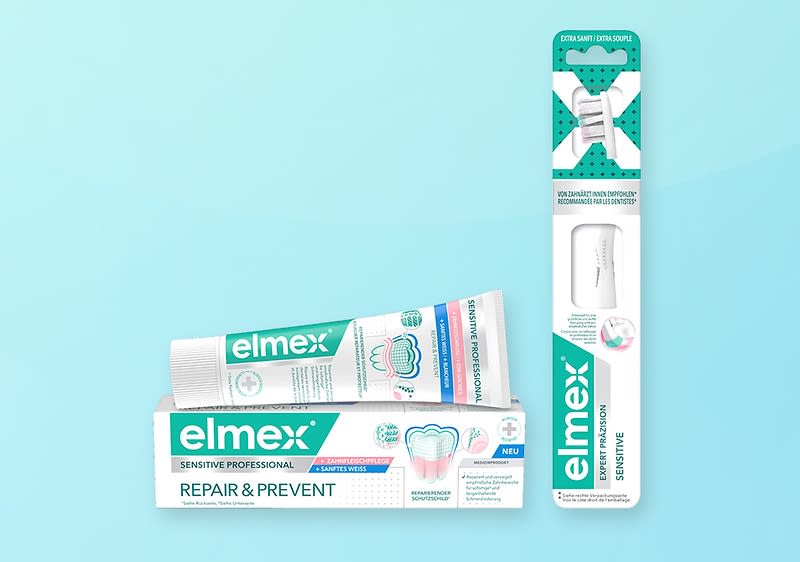 Weiße und türkise elmex-Verpackungen: links Tube und Schachtel der Zahncreme elmex Sensitive Professional Repair & Prevent, rechts Zahnbürsten-Verpackung elmex Sensitive mit Bürstenkopf sichtbar