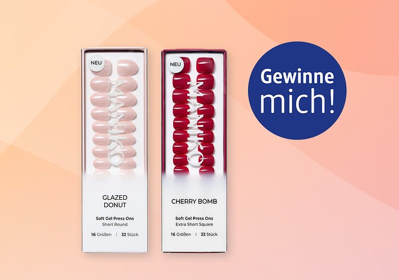 Zwei Packungen künstlicher Fingernägel nebeneinander, links hellrosa mit Aufschrift „GLAZED DONUT“ und Hinweis „Soft Gel Press Ons Short Round 16 Größen | 32 Stück“, rechts dunkelrot mit Aufschrift „CHERRY BOMB“ und Hinweis „Soft Gel Press Ons Extra Short Square 16 Größen | 32 Stück“, rechts oben blauer Kreis mit weißer Aufschrift „Gewinne mich!“