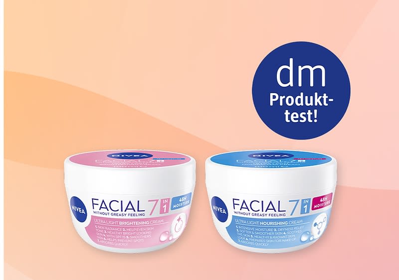 Zwei NIVEA Facial 7in1 Cremetiegel nebeneinander, links rosa „Ultra Light Brightening Cream“ mit kleinen Tropfen-Icon, rechts blau „Ultra Light Nourishing Cream“ mit Wasserblasen-Icon, oben rechts runder blauer Aufkleber „dm Produkttest!“