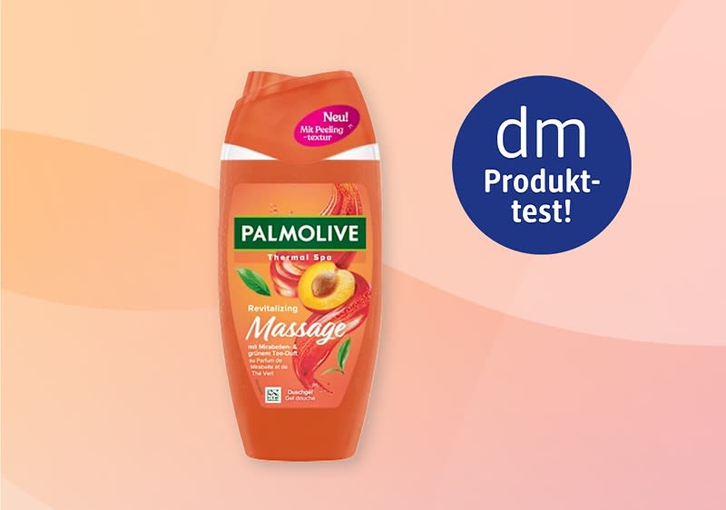 Orangefarbene Palmolive Duschgel-Flasche mit Aufschrift „PALMOLIVE Thermal Spa Revitalizing Massage“ und Bild einer Pfirsichhälfte, daneben blauer Kreis mit weißer Aufschrift „dm Produkttest!“