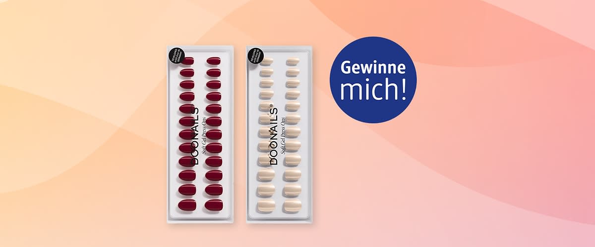 Zwei Packungen künstlicher Nägel von DOONAILS, links mehrere rote Nagelsets, rechts mehrere beige Nagelsets, rechts oben blauer Kreis mit weißer Aufschrift „Gewinne mich!“