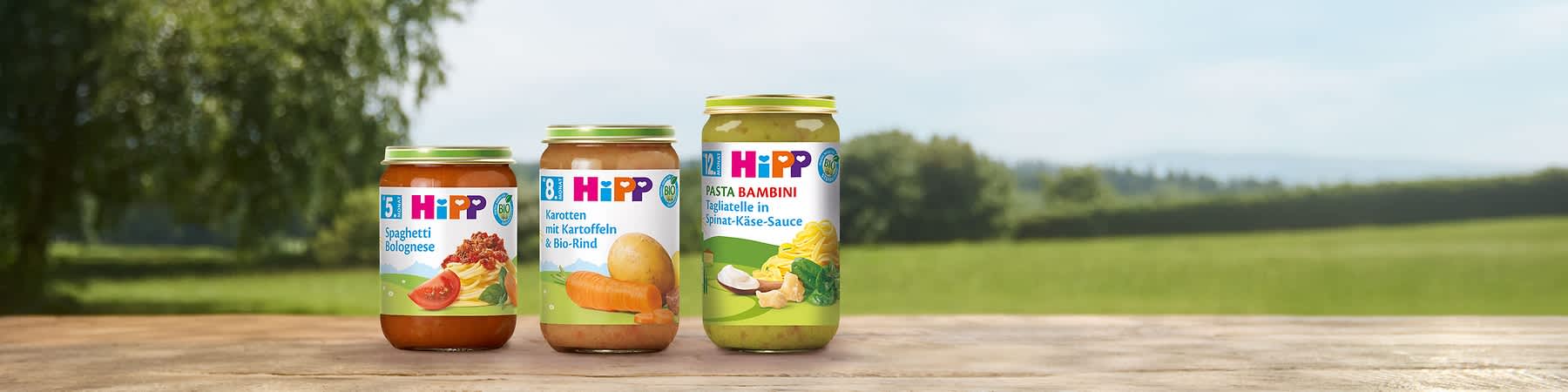 Drei Hipp-Babynahrungs-Gläser auf Holztisch: links Glas mit roter Spaghetti-Bolognese und Aufschrift „5+ Spaghetti Bolognese“, mittig Glas mit Karotten, Kartoffel und Bio-Rind und Aufschrift „8+ Karotten mit Kartoffeln & Bio-Rind“, rechts Glas mit grüner Spinat-Käse-Sauce und Aufschrift „12+ Pasta Bambini Tagliatelle in Spinat-Käse-Sauce“