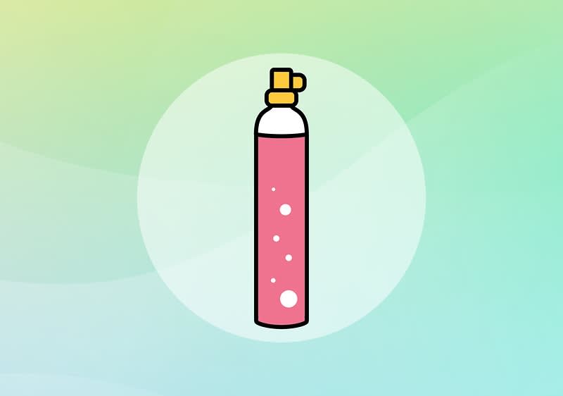 Bunte Illustration eines rosa CO²-Zylinders mit gelbem Sprühkopf und weißen Blasen vor kreisförmigem hellgrünem Hintergrund