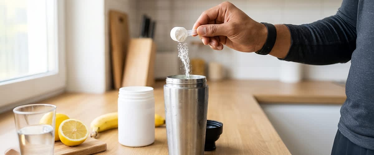 Hand gießt mit Messlöffel weißes Pulver, nämlich Kreatin, in einen silbernen Shaker auf einer Küchenarbeitsplatte, daneben weiße Dose, halbierte Zitrone und Banane, schwarzer Shaker-Deckel liegt neben dem Shaker. Bild mit AI erstellt