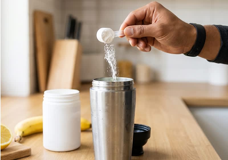 Hand mit schwarzem Armband streut ein Messlöffel Pulver Kreatin in einen offenen silbernen Proteinshaker auf einer Küchenarbeitsplatte, daneben weiße Dose, halbierte Zitrone und Banane. Bild mit AI erstellt