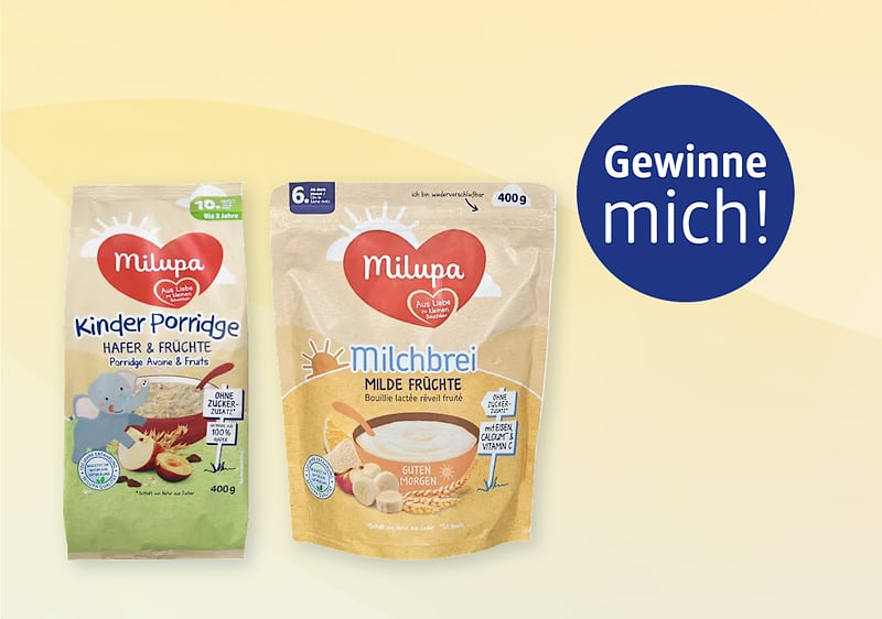 Zwei Milupa Babybrei-Packungen nebeneinander: links grün-beige Verpackung „Kinder Porridge Hafer & Früchte“, rechts beige-gelbe Verpackung „Milchbrei Milde Früchte 400 g“, rechts oben blauer Kreis mit weißer Aufschrift „Gewinne mich!“