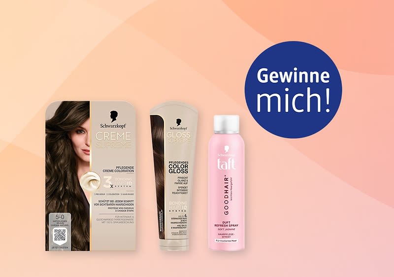 Auf einem pastellroten Hintergrund drei Haarprodukte nebeneinander: links eine beige Verpackung Schwarzkopf Creme Coloration mit Gesicht einer Frau und Schrift „5‑0“, in der Mitte eine Tube „Color Gloss“ von Schwarzkopf, rechts eine rosa Taft Good Hair Refresh Spray-Dose, oben rechts blauer Kreis mit weißer Aufschrift „Gewinne mich!“