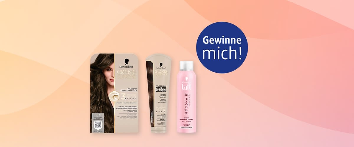 Drei Haarpflegeprodukte vor rosa-beigem Verlaufshintergrund: links eine Schwarzkopf Creme Coloration in Beige mit Bild einer brünetten Frau und Zahl „5-0“, Mitte eine silberne Tube „Gloss“ von Schwarzkopf, rechts eine rosa Dose „taft Good Hair Refresh Spray“, oben rechts blauer Kreis mit Text „Gewinne mich!“