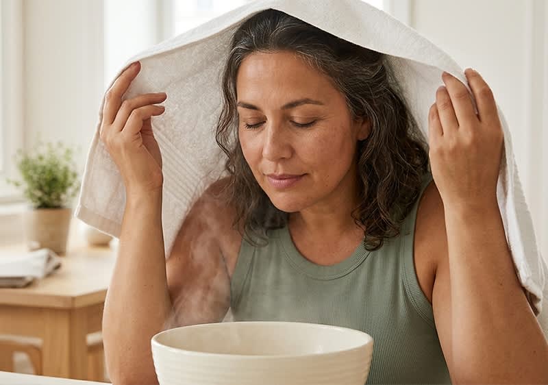 Frau mittleren Alters sitzt vor einer Schüssel mit dampfendem Wasser, hält ein großes weißes Handtuch über Kopf und Schultern und hat geschlossene Augen, entspanntes Gesicht und lockere, schulterlange Haare. Bild mit AI erstellt