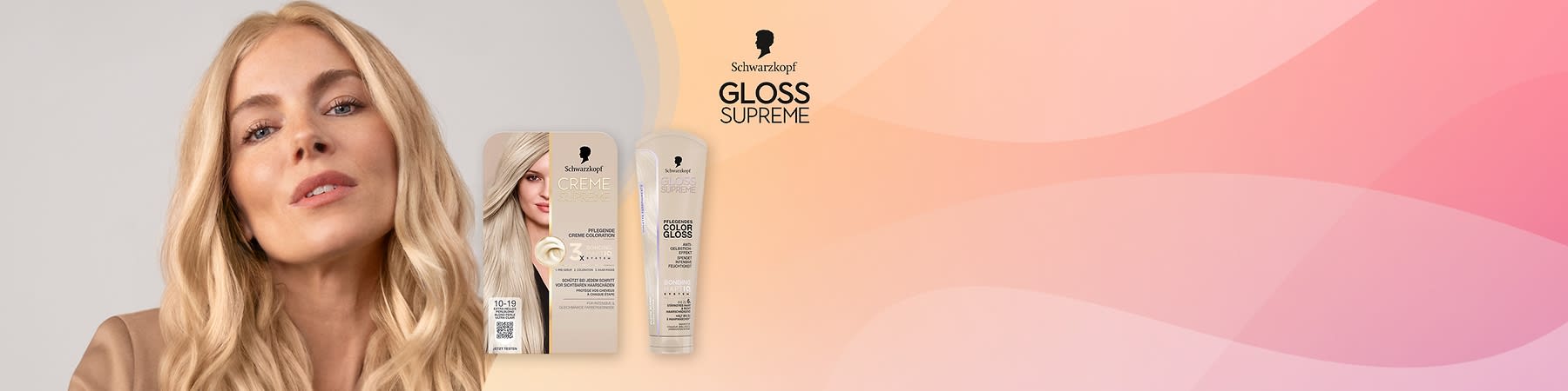 Porträt einer blonden Frau links und rechts davor eine beige Verpackung und Tube von Schwarzkopf Creme Supreme Haarfarbe mit Texten „CREME SUPREME“ und „GLOSS SUPREME“ sowie dem Schwarzkopf-Logo, rosa-beiger Hintergrund