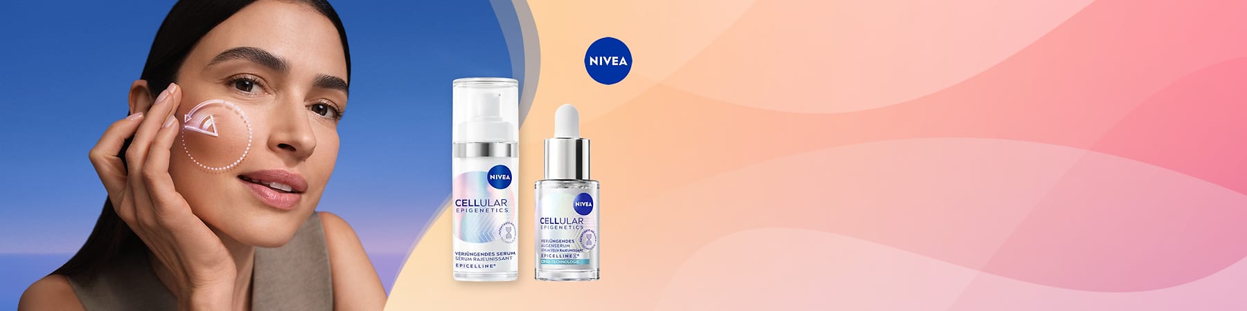 Porträt einer Frau, die mit der Hand die Wange berührt; neben ihr zwei NIVEA-Produkte: eine weiße Pumpspender-Flasche mit Aufschrift „CELLULAR EPIGENETICS VERJÜNGENDES SERUM EPICELLINE“ und eine Glas-Pipettenflasche mit gleichem Label, NIVEA-Logo oben rechts