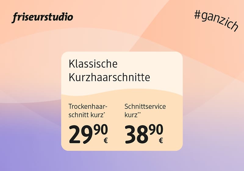 Kachel mit Text „Klassische Kurzhaarschnitte“; links Preis für „Trockenhaarschnitt kurz“ 29,90 €; rechts Preis für „Schnittservice kurz“ 38,90 €; oben links Logo „friseurstudio“, oben rechts Hashtag „#ganzich“