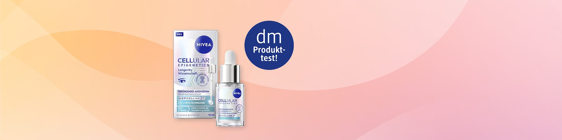 NIVEA Cellular Epigenetics Verjüngendes Augenserum in transparentem Tropffläschchen mit silbernem Verschluss neben der Produktkartonage mit blauen Schriftzügen und dem Text „CELLULAR EPIGENETICS“, „Verjüngendes Augenserum“, „mit EPICELLINE® + CRYO-TECHNOLOGIE“, „15 ml“, rechts oberhalb Kreis mit weißem Text „dm Produkttest!“