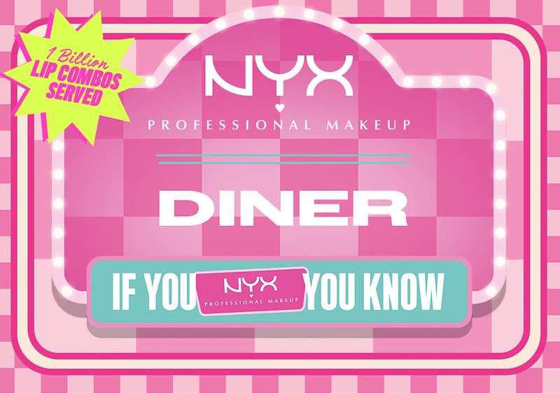 Hellrosa und pinke Werbegrafik für NYX Professional Makeup im Retro-Diner-Stil mit weißer Aufschrift „NYX Professional Makeup“, großem Titel „DINER“ und grünem Banner unten mit dem Text „IF YOU [NYX-Logo] YOU KNOW“ sowie grün-gelbem Stern mit „1 Billion LIP COMBOS SERVED“