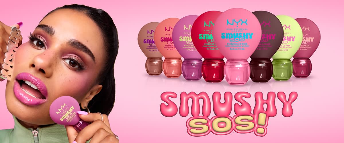 Sechs bunte NYX Smushy Soshy Lippenpflegedosen in Reihe, jeweils rundes Pastell-Oberteil mit Markenaufdruck und transparentem farbigem Boden, vorne mittig eine pinke Dose, darunter große rosa-gelbe Schrift „SMUSHY SOS!“