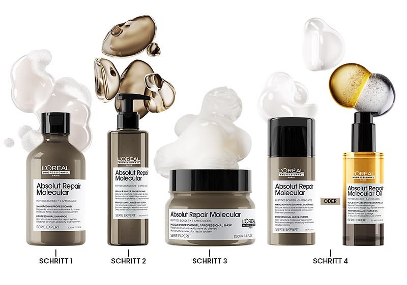 Fünf L’Oréal Absolut Repair Molecular Haarpflegeprodukte in Reihenfolge: links Shampooflasche mit schwarzem Verschluss und beiger Flüssigkeitsklecks darüber (Schritt 1), Pumpflasche mit schwarzem Spender und goldbraunen Serumtropfen darüber (Schritt 2), Rundes Tiegelglas mit weißer Creme obenauf (Schritt 3), Pumpflasche mit schwarzem Deckel und weißer Schaumtextur darüber (Schritt 4), rechte Öldispenserflasche mit zweifarbigen Tropfen oben und goldener Flüssigkeit im Inneren, unter jedem Produkt die Beschriftung „Schritt 1“ bis „Schritt 4“