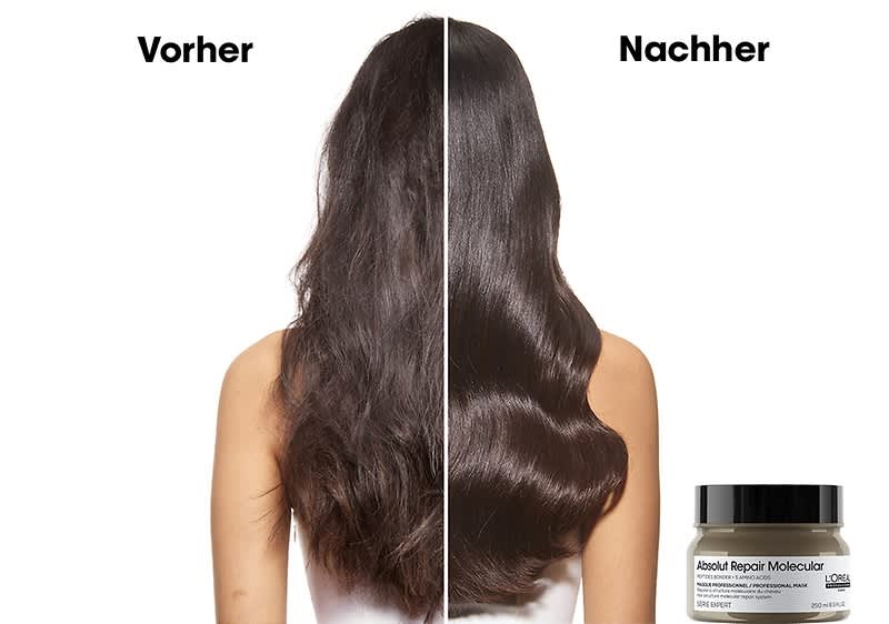 Rückenansicht einer Frau mit langem dunklem Haar, links kraus und fransig mit der Überschrift „Vorher“, rechts glatt, glänzend und wellig mit der Überschrift „Nachher“, unten rechts ein Produktglas mit schwarzem Deckel und Etikett „Absolut Repair Molecular“