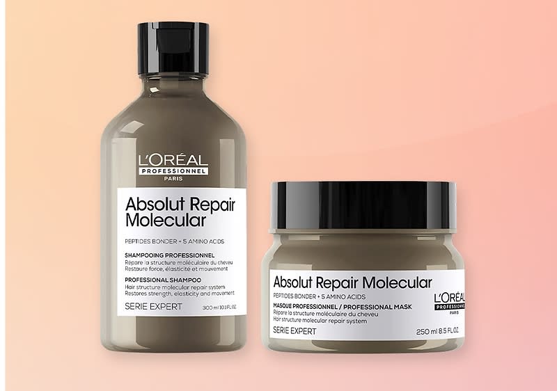 Zwei L’Oréal Professionnel Absolut Repair Molecular Produkte vor hellrotem Verlaufshintergrund: links eine graue Shampoo-Flasche mit schwarzem Verschluss und Aufschrift „Absolut Repair Molecular“, rechts ein passendes graues Haarbutter-Glas, 250 ml