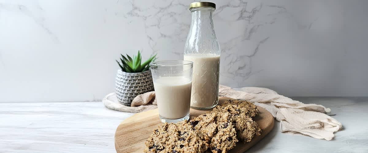 Eine Glasflasche mit hellbeiger Pflanzenmilch und ein halb gefülltes Glas daneben auf einem Holzbrett, davor mehrere Haferkekse mit Schokostückchen, rechts ein zusammengelegtes Leinentuch und links ein kleiner Topf mit Sukkulente