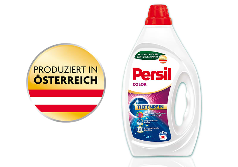 Weiße Persil Color Flüssigwaschmittel-Flasche mit rotem Verschluss und Etikett „Persil Color“, blau-violettem Design, Hinweis „Tiefenrein“ und Dosierungssymbol für 30 Waschladungen, daneben rundes Gold-Siegel mit roter-weißer Streifenflagge und Schrift „Produziert in Österreich“