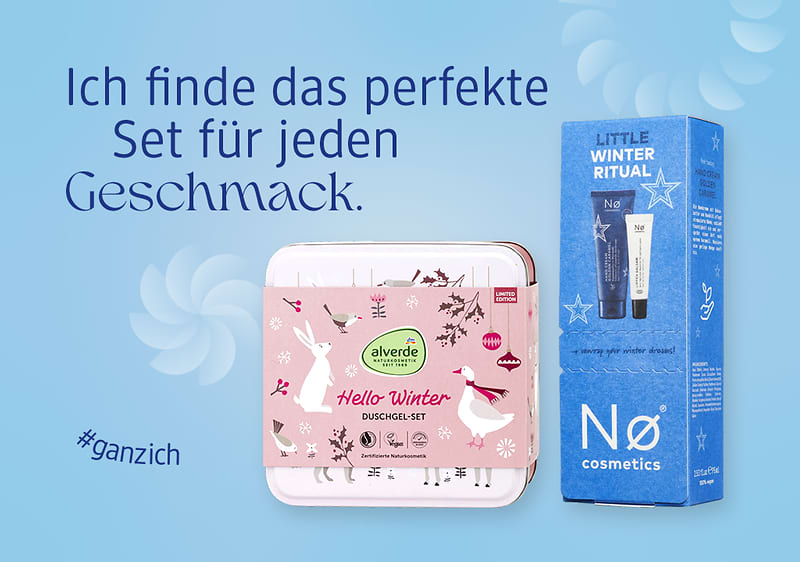 Hellblauer Hintergrund mit dem Text „Ich finde das perfekte Set für jeden Geschmack“, links ein quadratisches rosa alverde Duschgel-Set mit Wintermotiven und Aufschrift „Hello Winter Duschgel-Set“, rechts eine blaue Nø cosmetics Geschenkbox mit Aufschrift „Little Winter Ritual“ und Produktabbildungen, unten links Hashtag „#ganzich“
