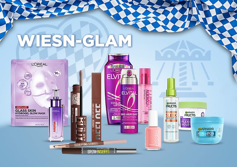 Mehrere Kosmetikprodukte auf hellblauem Hintergrund mit weiß-blau kariertem Stoff oben und dem Titel „WIESN-GLAM“, darunter von links: L’Oréal Glass Skin Hydrogol Glow Mask Verpackung, L’Oréal Revitalift Serumflakon, braune Mascara- und Augenbraunenstifte, kupferfarbene Lipgloss-Pen-Hülse, rosa Essie-Nagellack, lila L’Oréal Elvital Shampoo- und Pflegespray, pinker Styling-Spray, Fructis Diamond Sleek Spray, Garnier Fructis Flexi Hold Cremegelbecher und Garnier Hyaluron Maske in blauer Dose