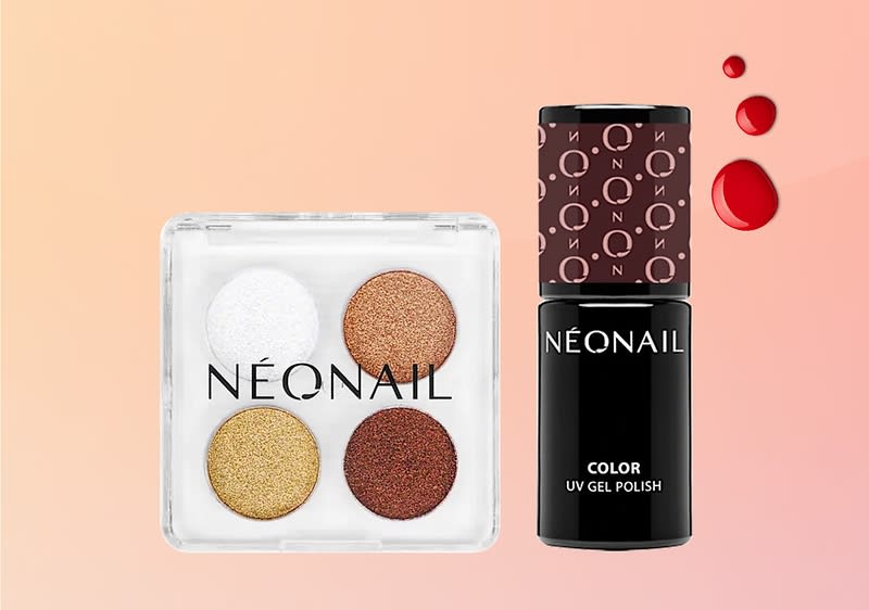 Vier Lidschatten in quadratischer transparenter Palette (weiß, gold, bronze, kupfer) links und rechts daneben eine schwarze Flasche Nagellack mit Aufschrift „NEONAIL COLOR UV GEL POLISH“ und dekorative rote Farbtropfen