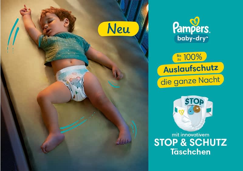 Pampers Baby-Dry Windeln und Pants halten bis zu zwölf Stunden trocken und sitzen sicher und bequem.