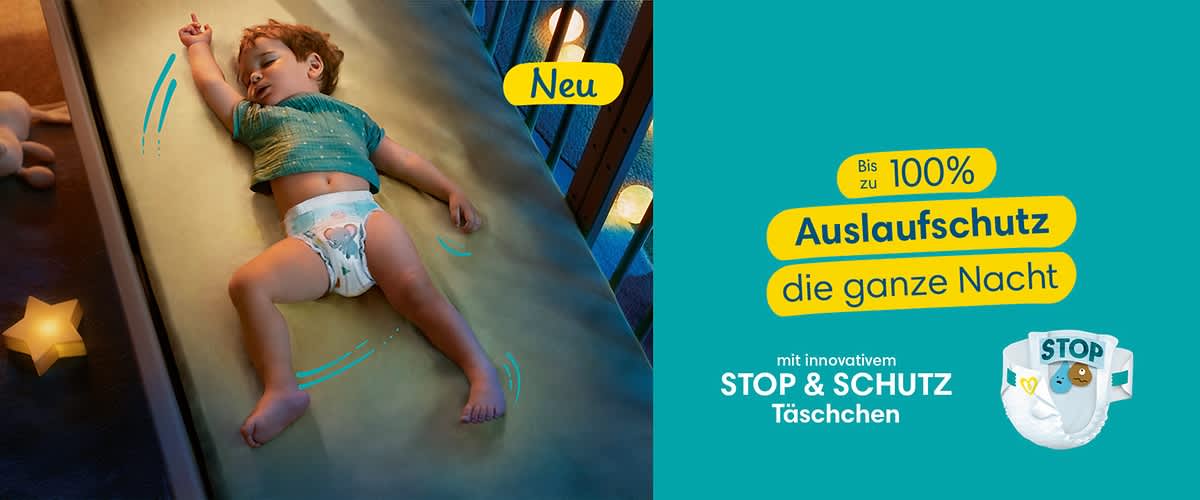 Pampers Baby-Dry Windeln und Pants halten bis zu zwölf Stunden trocken und sitzen sicher und bequem.
