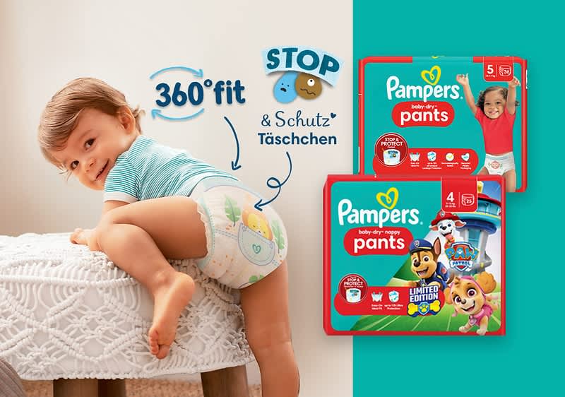 Pampers Baby-Dry Windeln und Pants halten bis zu zwölf Stunden trocken und sitzen sicher und bequem.