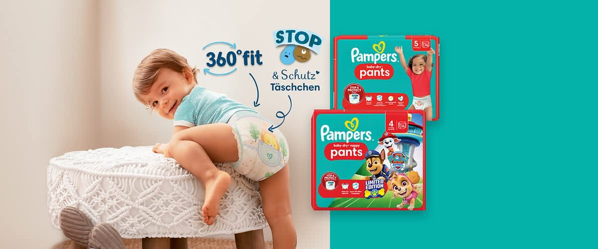 Pampers Baby-Dry Windeln und Pants halten bis zu zwölf Stunden trocken und sitzen sicher und bequem.