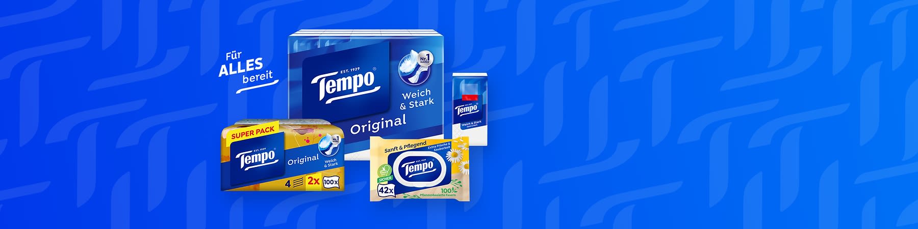 Mehrere Tempo-Produkte auf blauem Hintergrund: große Packung Tempo Original Taschentücher „weich & stark“, rechts eine kleine Spenderbox, links ein gelbes Super Pack Tempo Original (4x, 2x100), vorne eine Packung „Sanft & Pflegend“ mit Kamillenmotiv