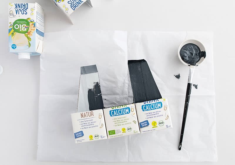 dmBio Tetrapack und schwarze Acrylfarbe mit Pinsel auf weißem Hintergrund