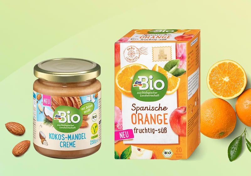dmBio Kokos-Mandel-Creme und Spanische Orange Tee mit Orangen und Mandeln