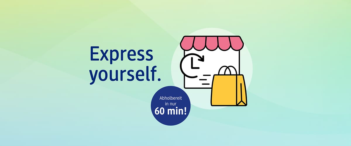 Text „Express yourself“ neben einer Illustration eines Ladens mit Einkaufstasche und Uhr. Kreis mit Text „Abholbereit in nur 60 min!“