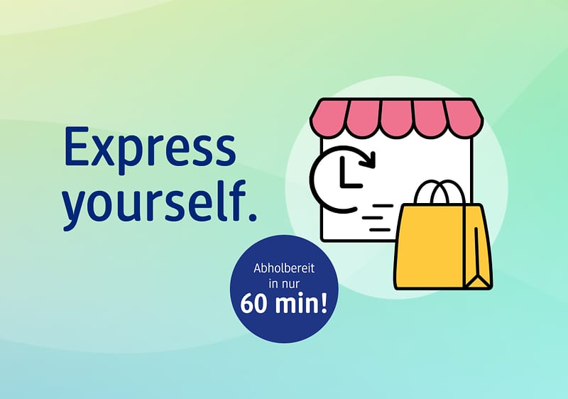 Text „Express yourself.“ neben einer Illustration eines Ladens mit einer Einkaufstasche und dem Text „Abholbereit in nur 60 min!“