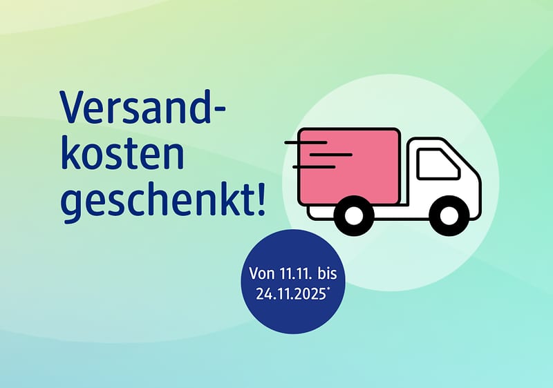 Ein LKW-Symbol auf grünem Hintergrund, daneben der Text „Versandkosten geschenkt!“ und darunter „Von 11.11. bis 24.11.2025“ in einem rosa Kreis