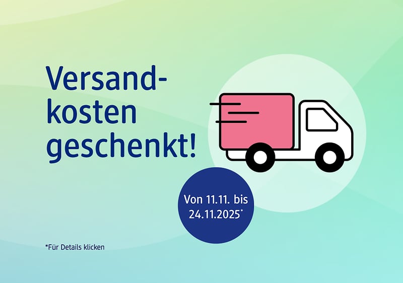 Ein pinker Lieferwagen auf grünem Hintergrund, daneben der Text „Versandkosten geschenkt!“ und „Von 11.11. bis 24.11.2025“