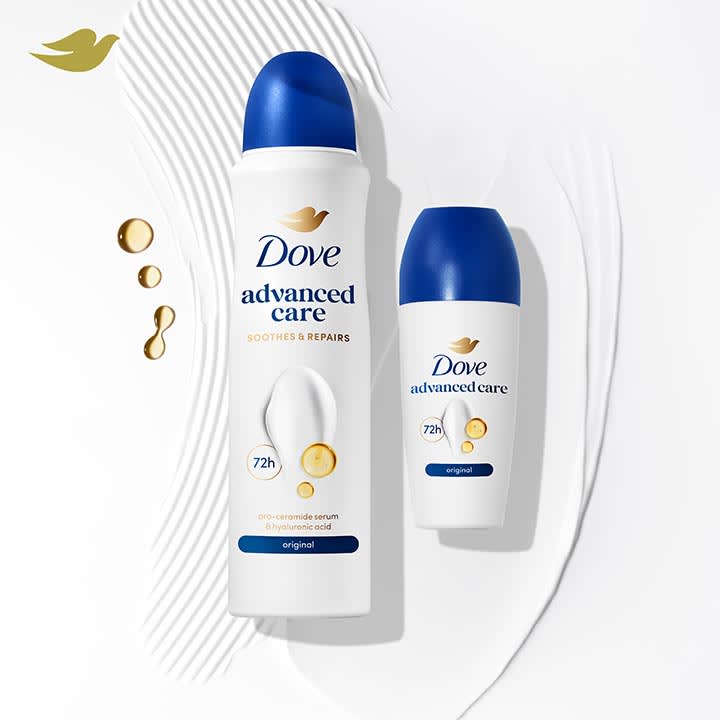 Zwei weiße Dove Advanced Care Deodorant-Flaschen mit blauem Verschluss, links größere Spray- oder Roll-on-Flasche mit Aufschrift „72h“ und „advanced care“, rechts kleinere Kugel-Deo-Flasche, beide mit goldenen Tropfen-Illustrationen auf weißem Hintergrund