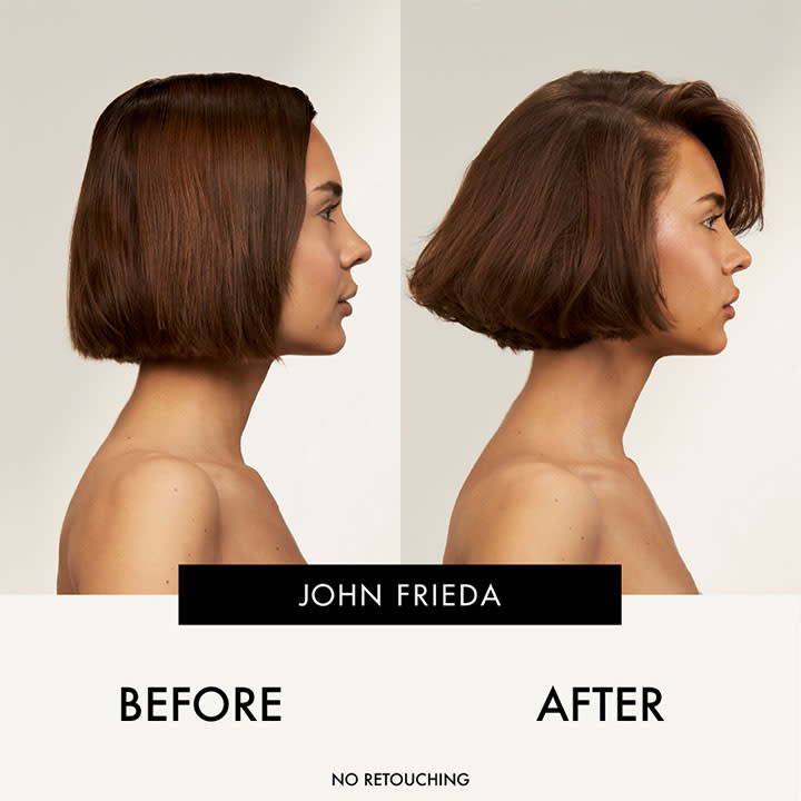 Zwei Bilder zeigen eine Person mit braunem, glattem Haar, links mit einem geraden Bob und rechts mit einem voluminösen Bob. Darunter steht der Text „JOHN FRIEDA“