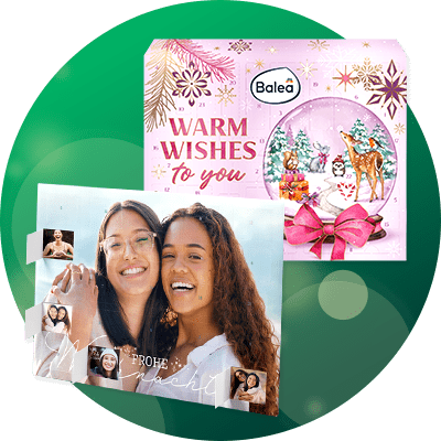 Adventskalender von Balea mit rosa Verpackung, Schneekugel-Motiv und Schriftzug „WARM WISHES to you“ sowie eine Fotocollage mit zwei lächelnden Frauen und kleinen eingebetteten Porträtfotos