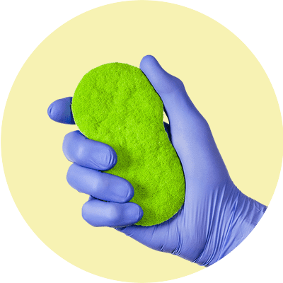 Eine Hand in einem blauen Handschuh hält einen grünen Schwamm